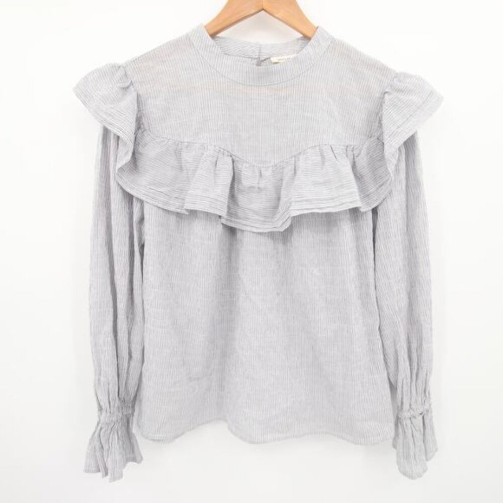 ANA Blouse White Gray Striped Ruffle Detail Long Sleeve Round Neck Cotton 0X